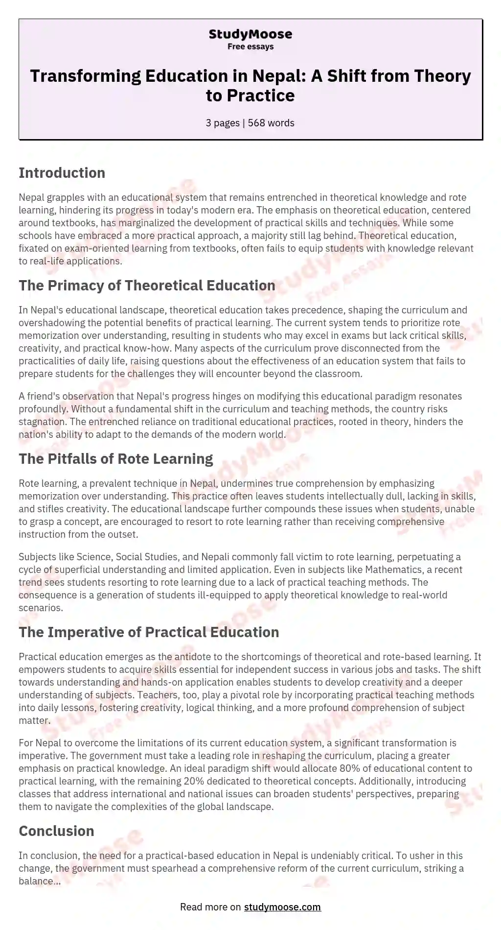 Transforming Education in Nepal: A Shift from Theory to Practice essay