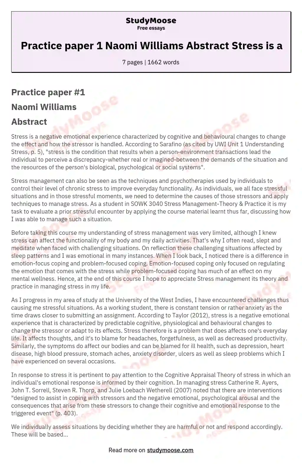 Practice paper 1 Naomi Williams Abstract Stress is a essay