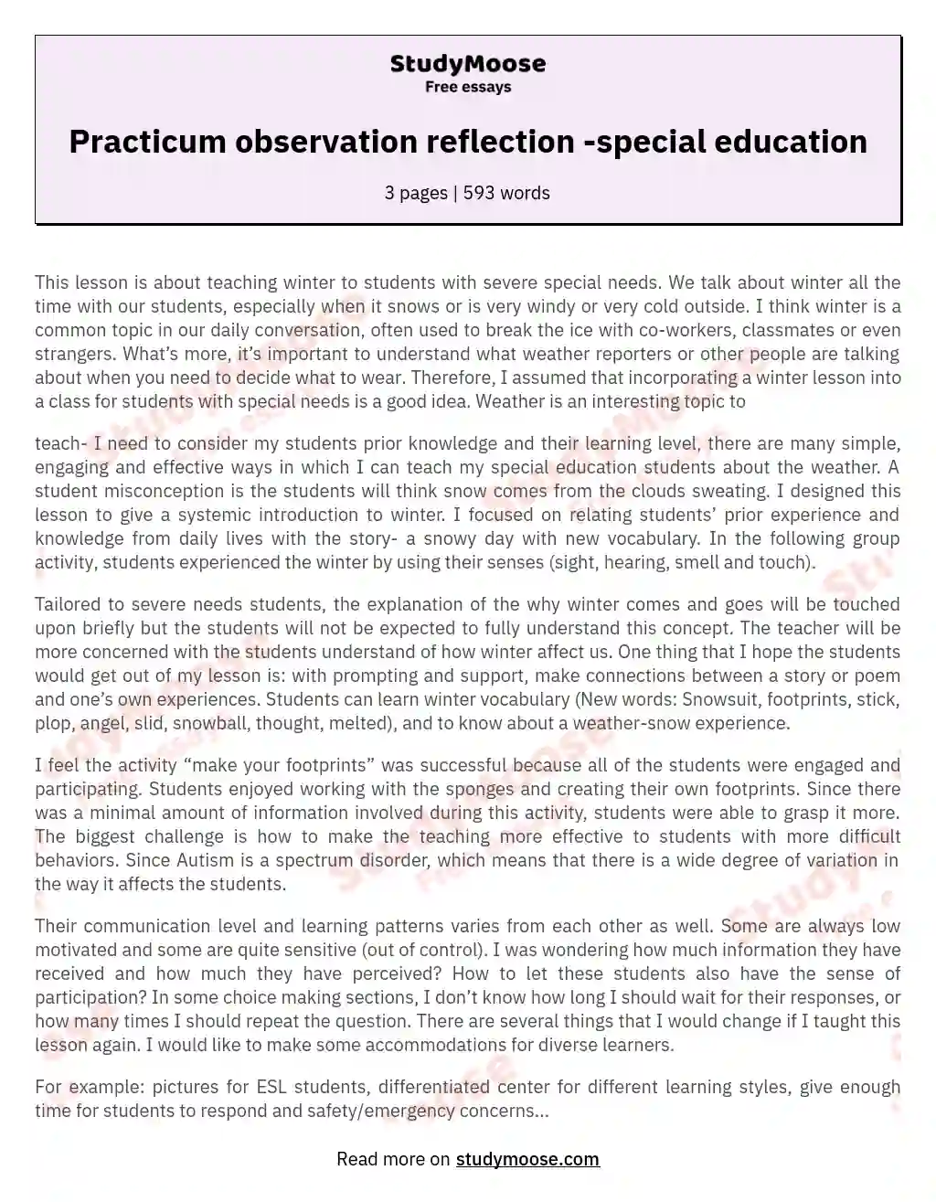 Practicum observation reflection -special education essay