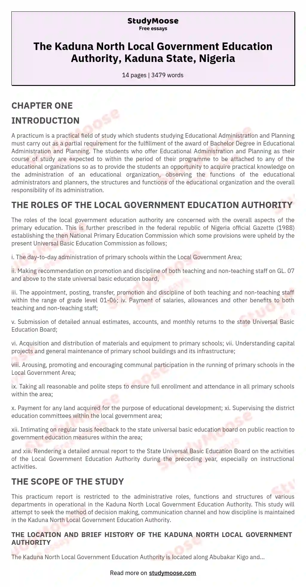 The Kaduna North Local Government Education Authority, Kaduna State, Nigeria essay