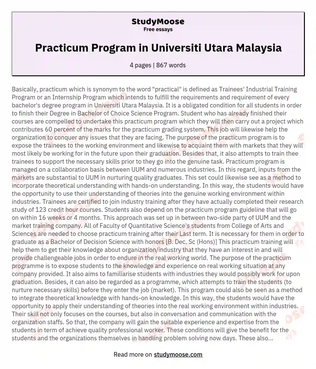 Practicum Program in Universiti Utara Malaysia essay