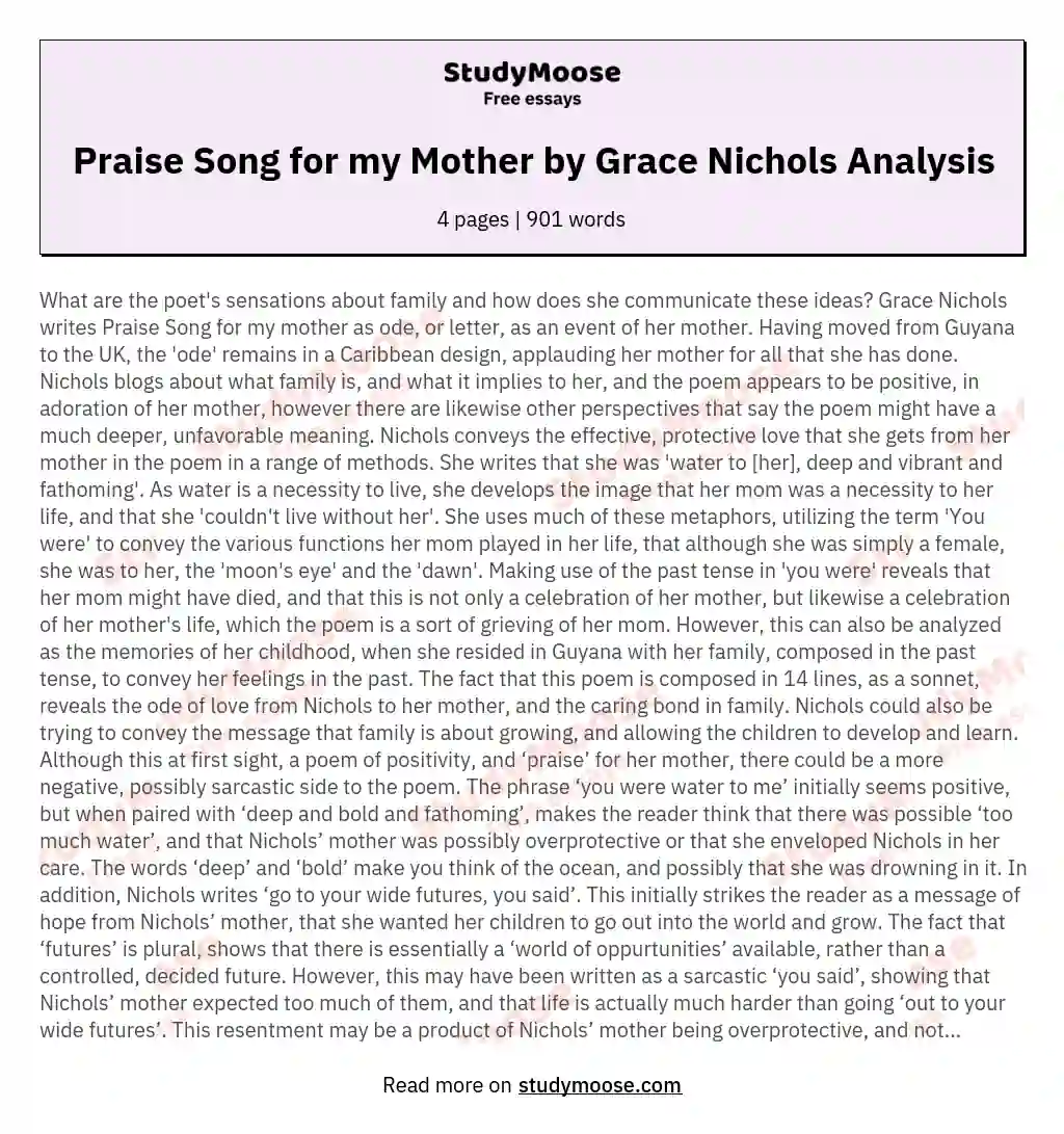 Praise Song for my Mother by Grace Nichols Analysis essay