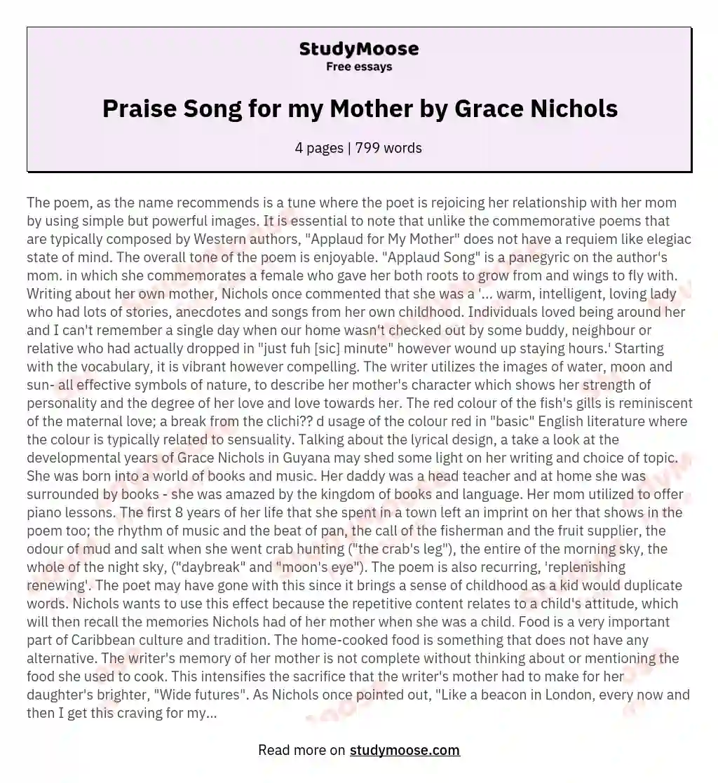 Praise Song for my Mother by Grace Nichols essay