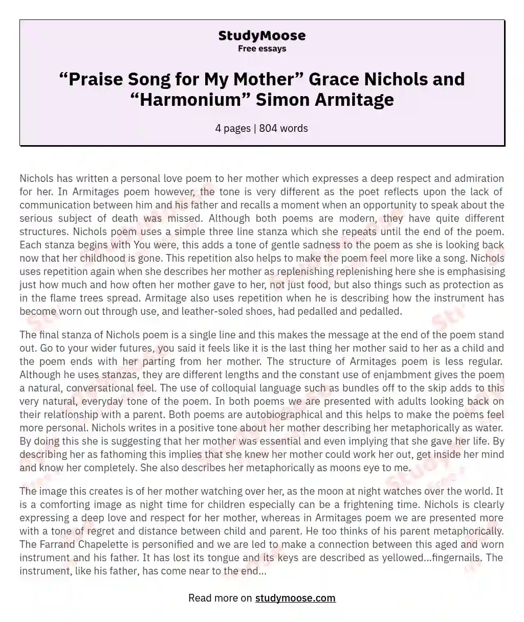 “Praise Song for My Mother” Grace Nichols and “Harmonium” Simon Armitage