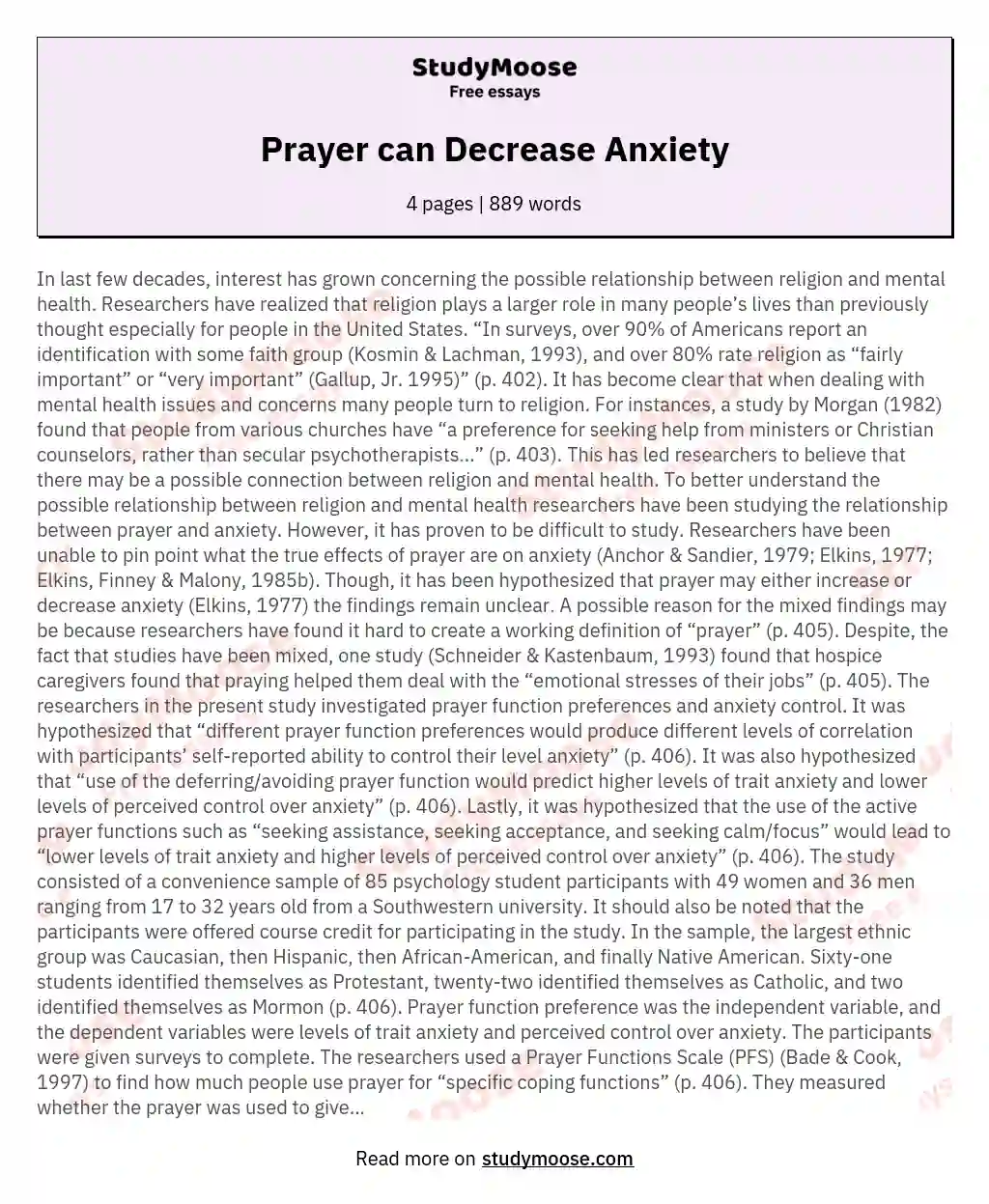 Prayer can Decrease Anxiety essay