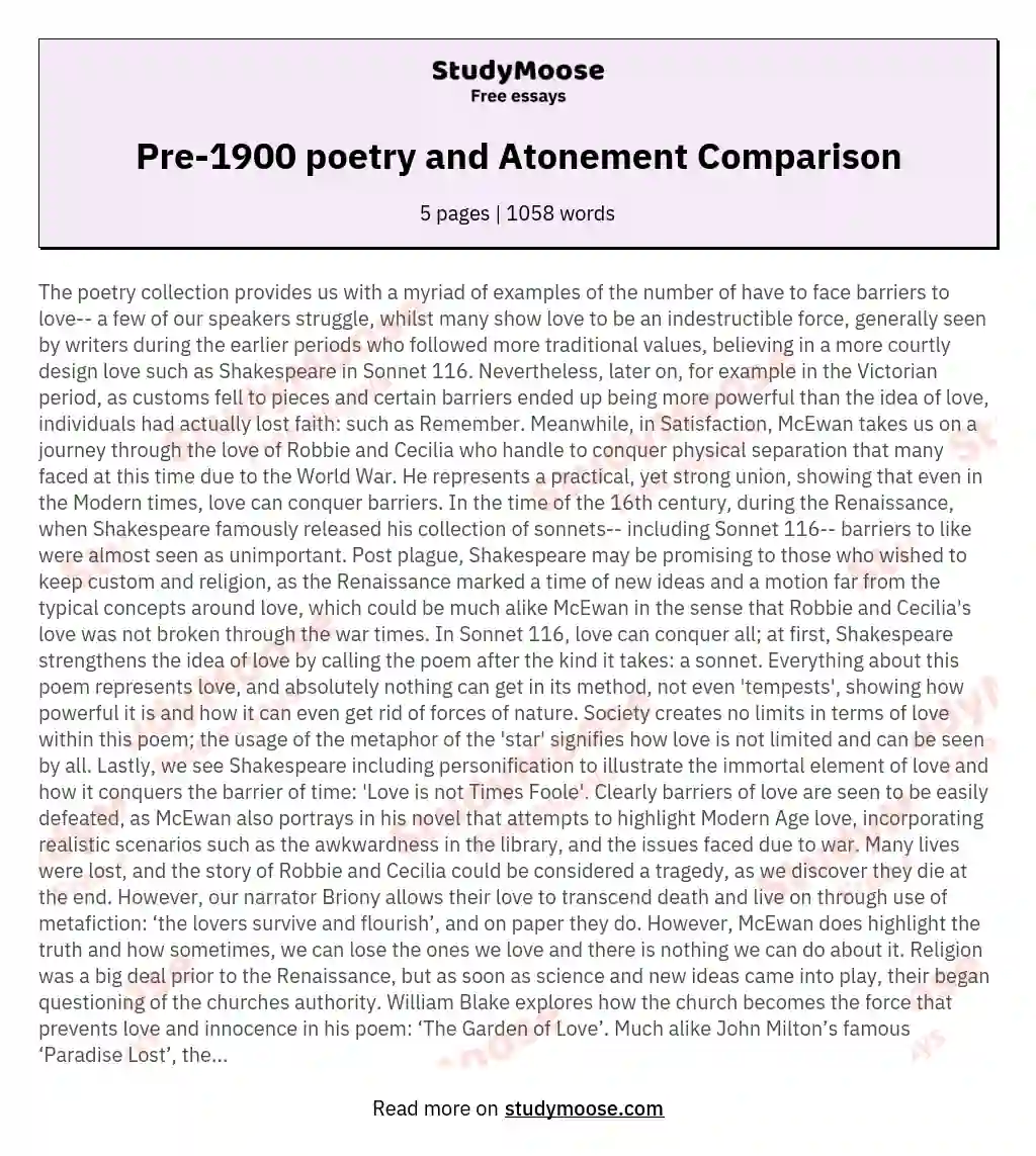 Pre-1900 poetry and Atonement Comparison