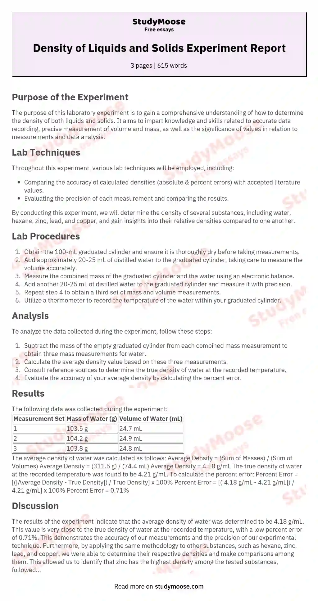 Pre-Lab Report Density of Liquids and Solids