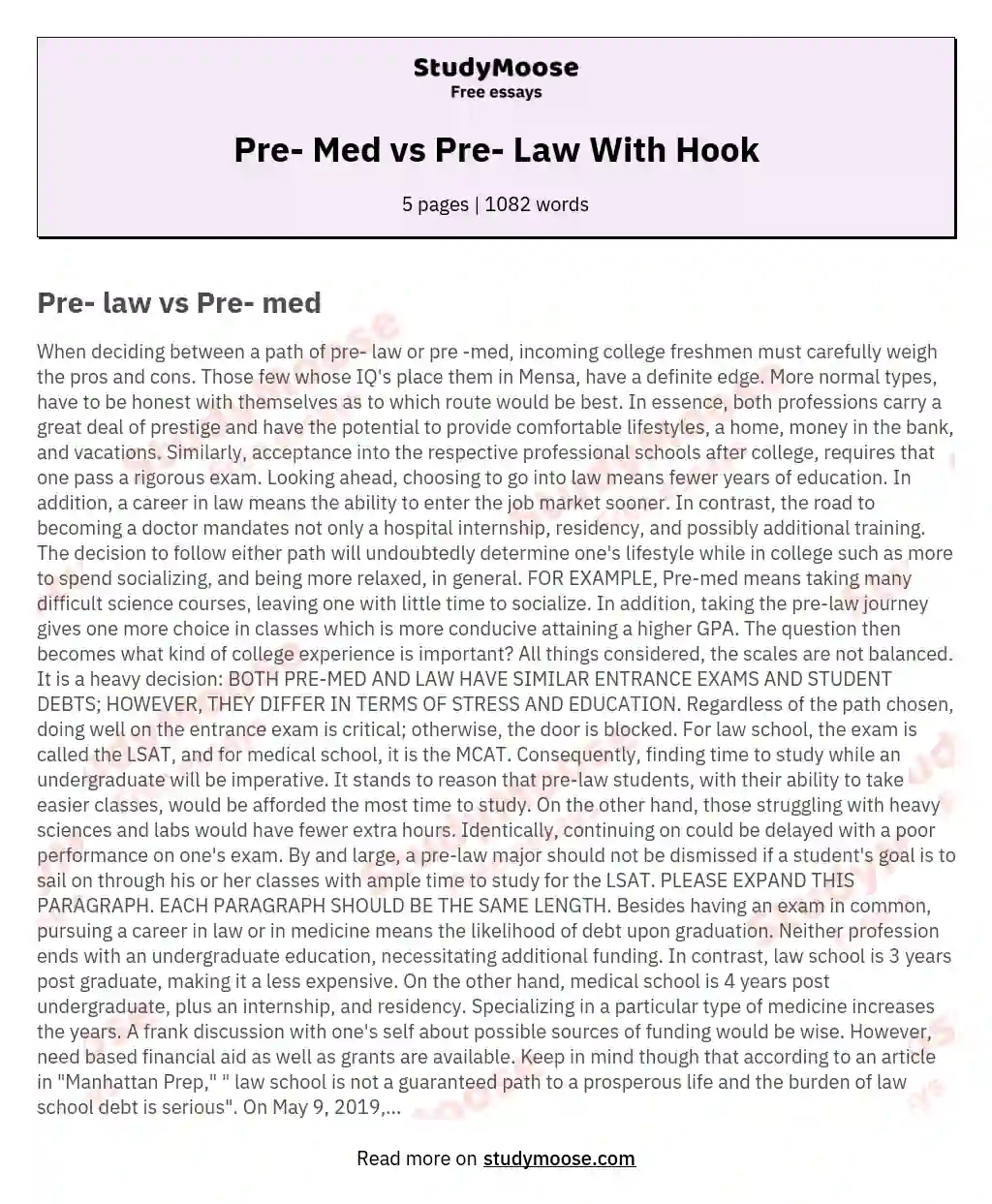 Pre- Med vs Pre- Law With Hook essay