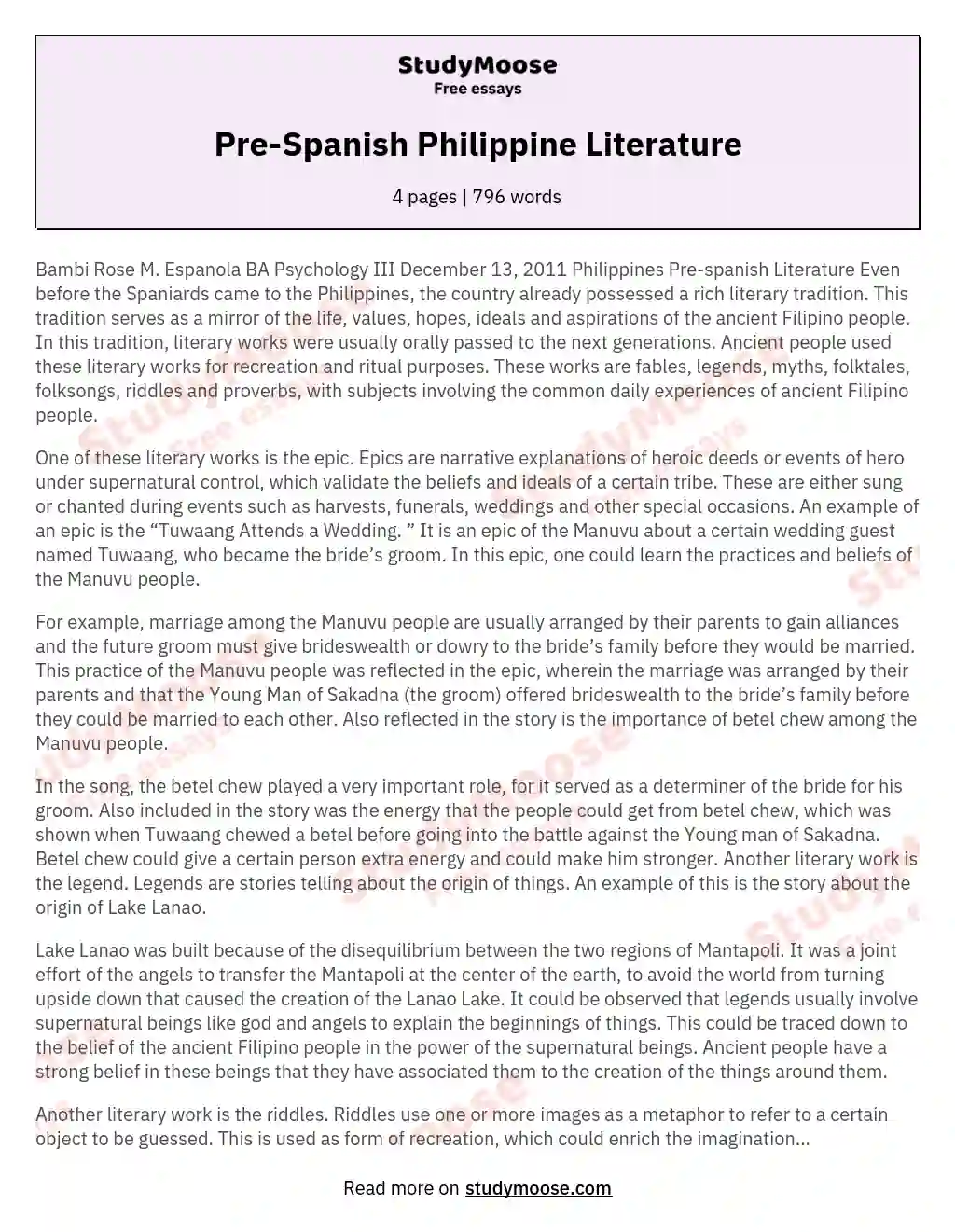 Pre-Spanish Philippine Literature essay