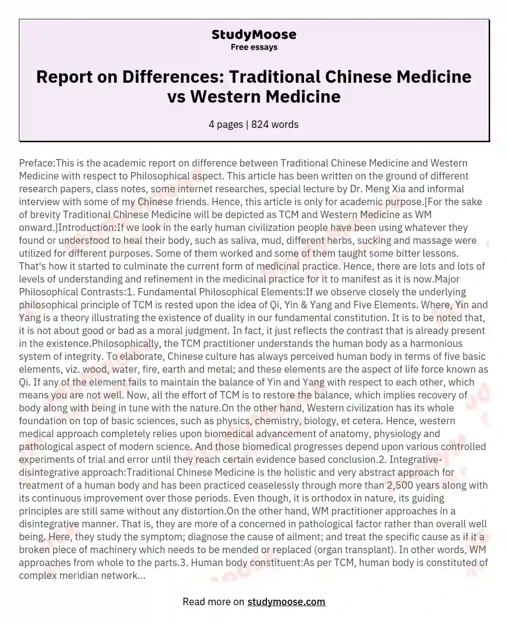 Report on Differences: Traditional Chinese Medicine vs Western Medicine