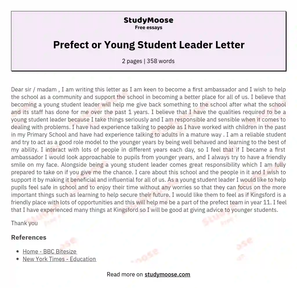 Prefect or Young Student Leader Letter essay
