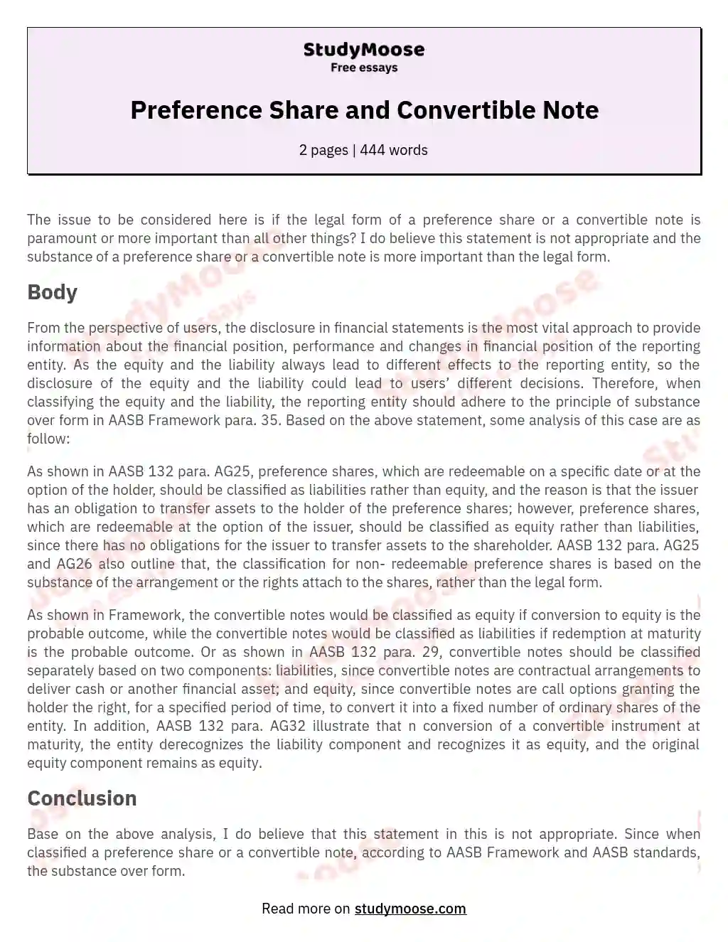 Preference Share and Convertible Note essay