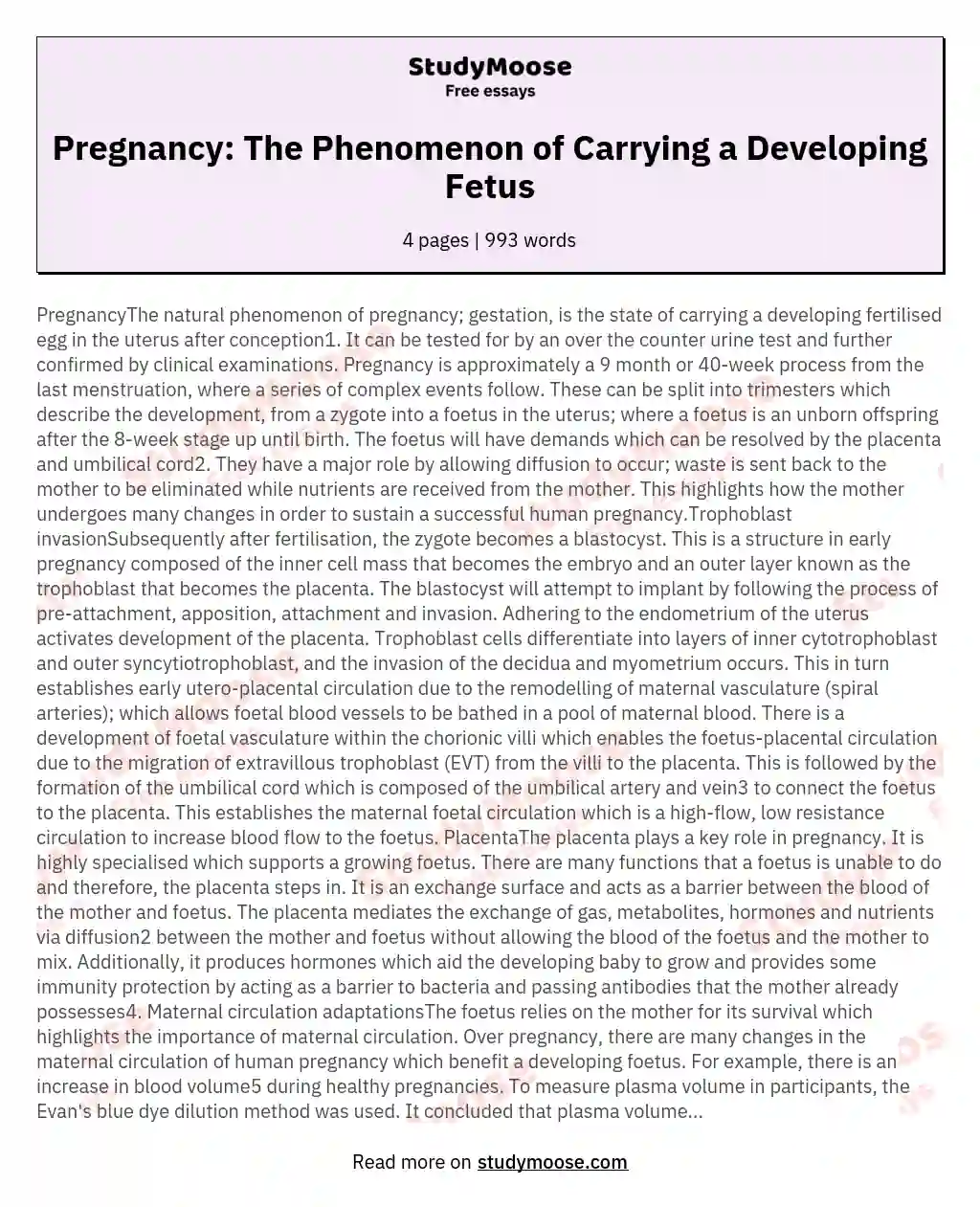 Pregnancy: The Phenomenon of Carrying a Developing Fetus essay