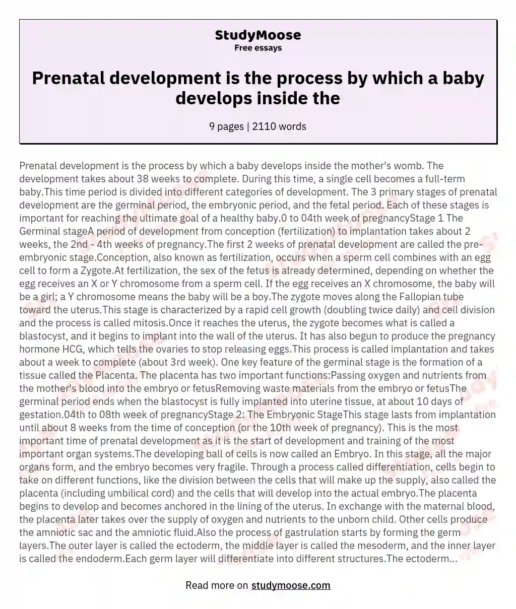 Prenatal development is the process by which a baby develops inside the essay