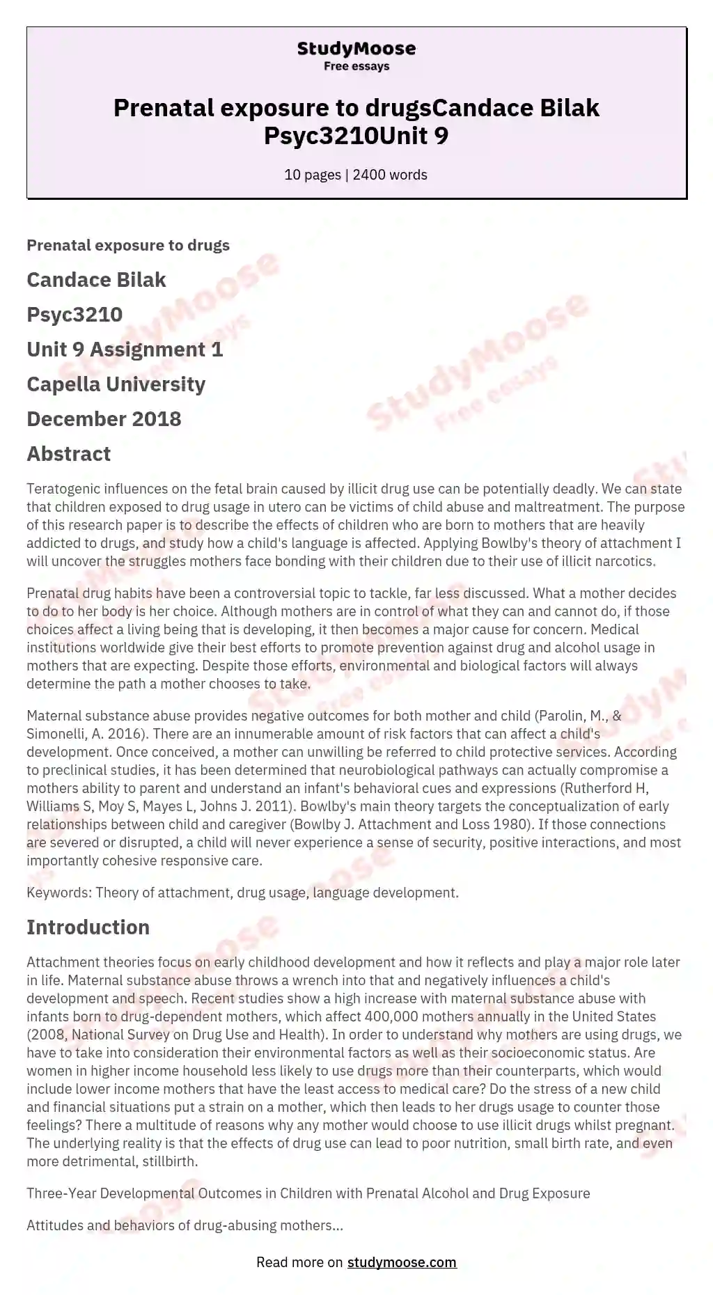 Prenatal exposure to drugsCandace Bilak Psyc3210Unit 9 essay