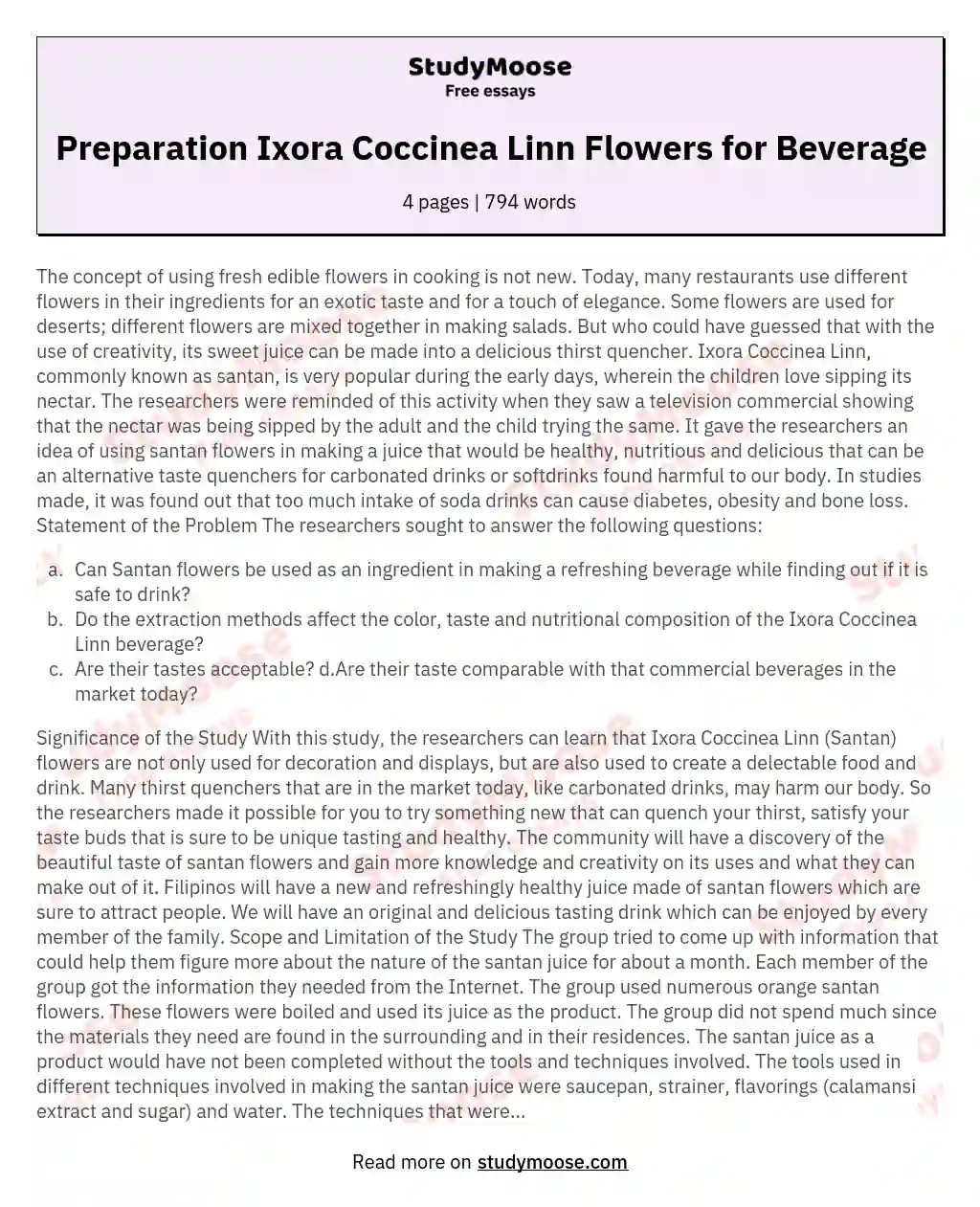 Preparation Ixora Coccinea Linn Flowers for Beverage