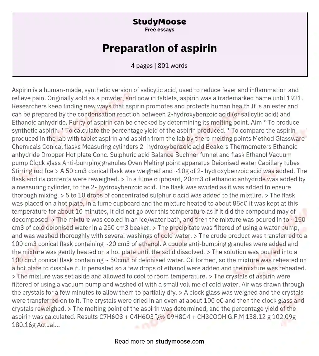 Preparation of aspirin essay