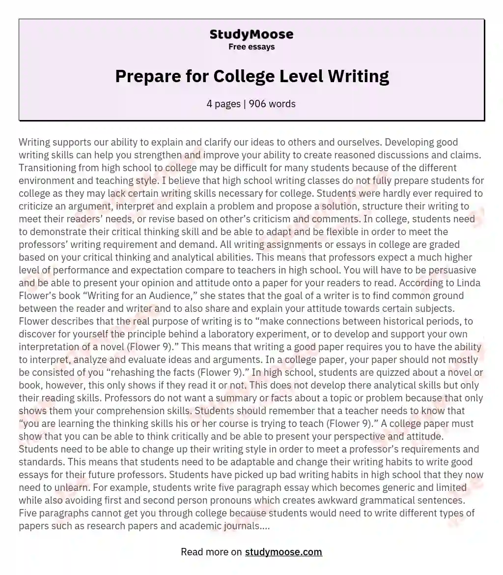 Prepare For College Level Writing Free Essay Example