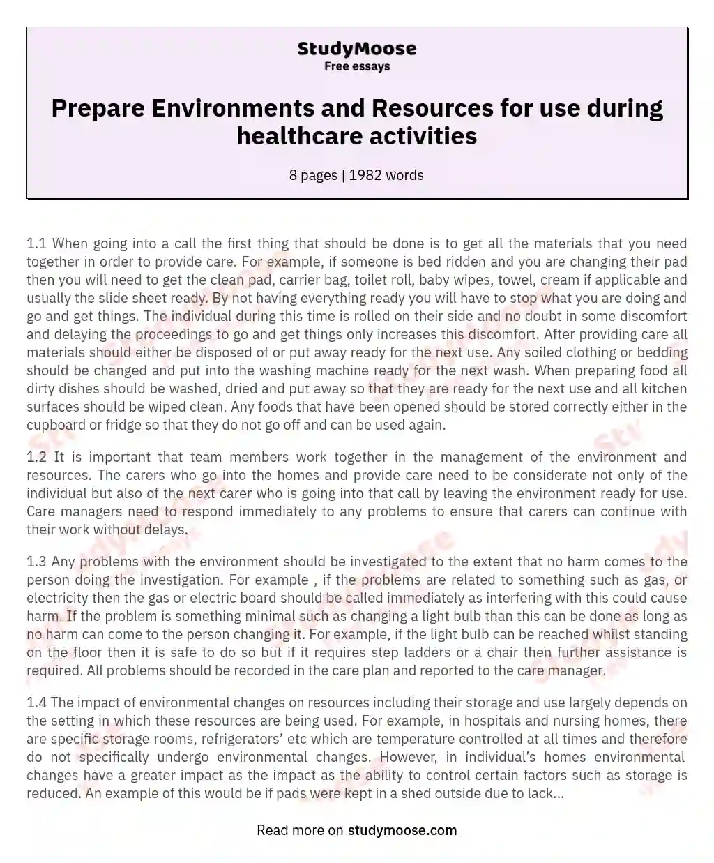 Prepare Environments and Resources for use during healthcare activities essay
