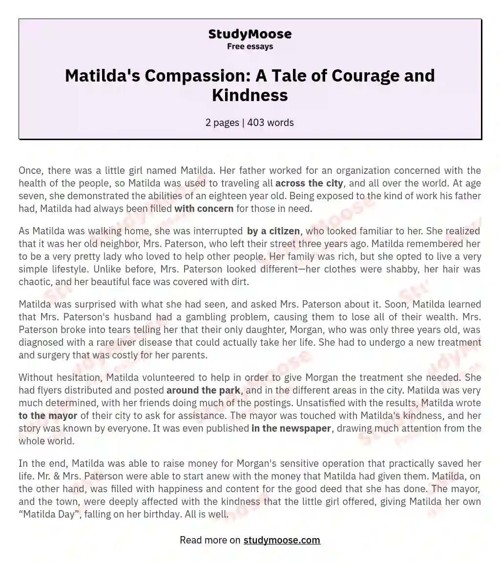 Matilda's Compassion: A Tale of Courage and Kindness essay