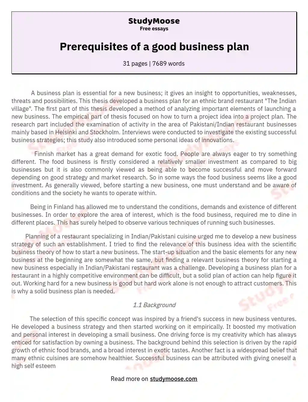 Prerequisites of a good business plan essay