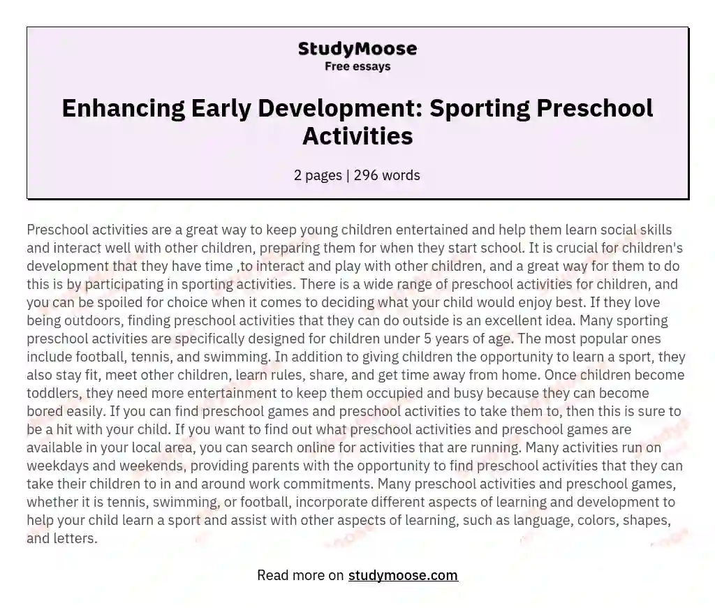 Enhancing Early Development: Sporting Preschool Activities essay