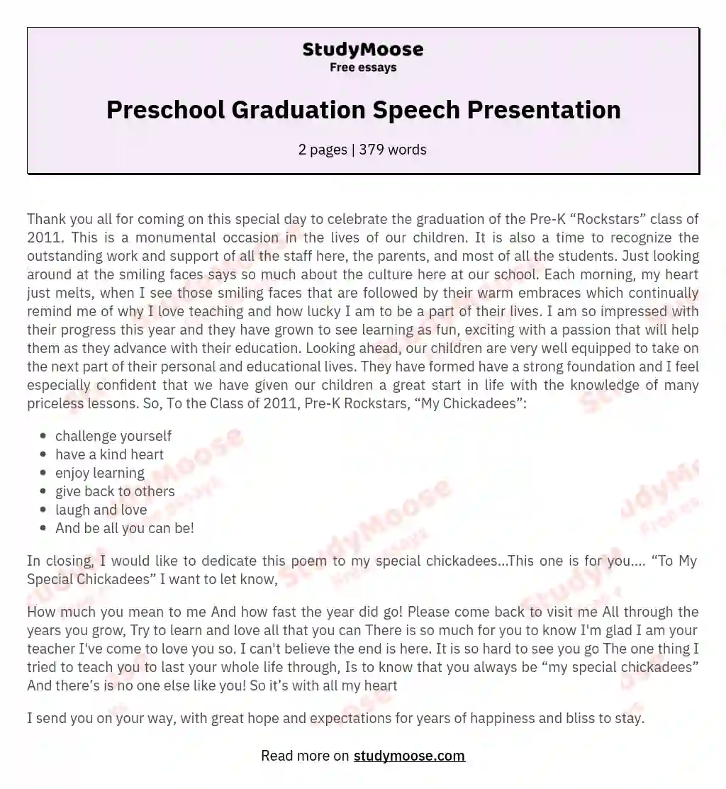 sample graduation speech for kindergarten student