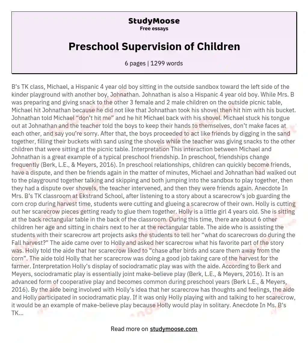 Preschool Supervision of Children essay