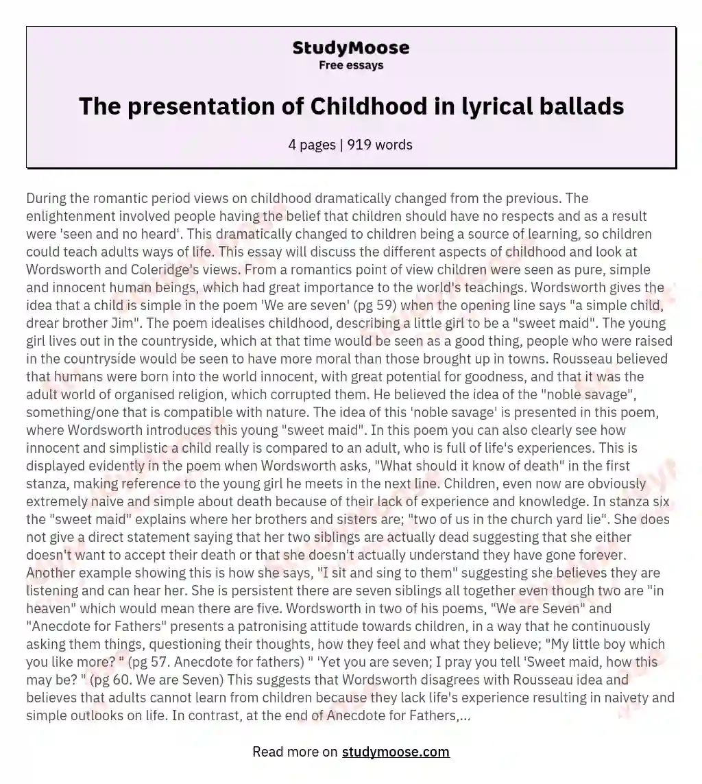 The presentation of Childhood in lyrical ballads essay