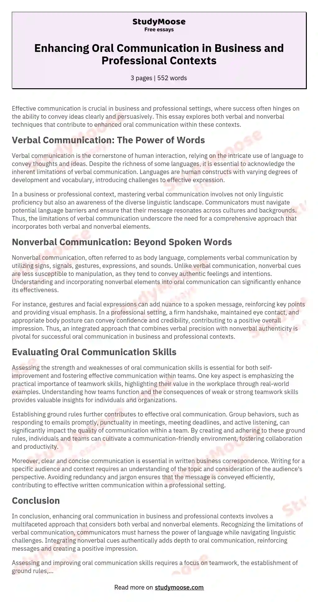 Enhancing Oral Communication in Business and Professional Contexts essay