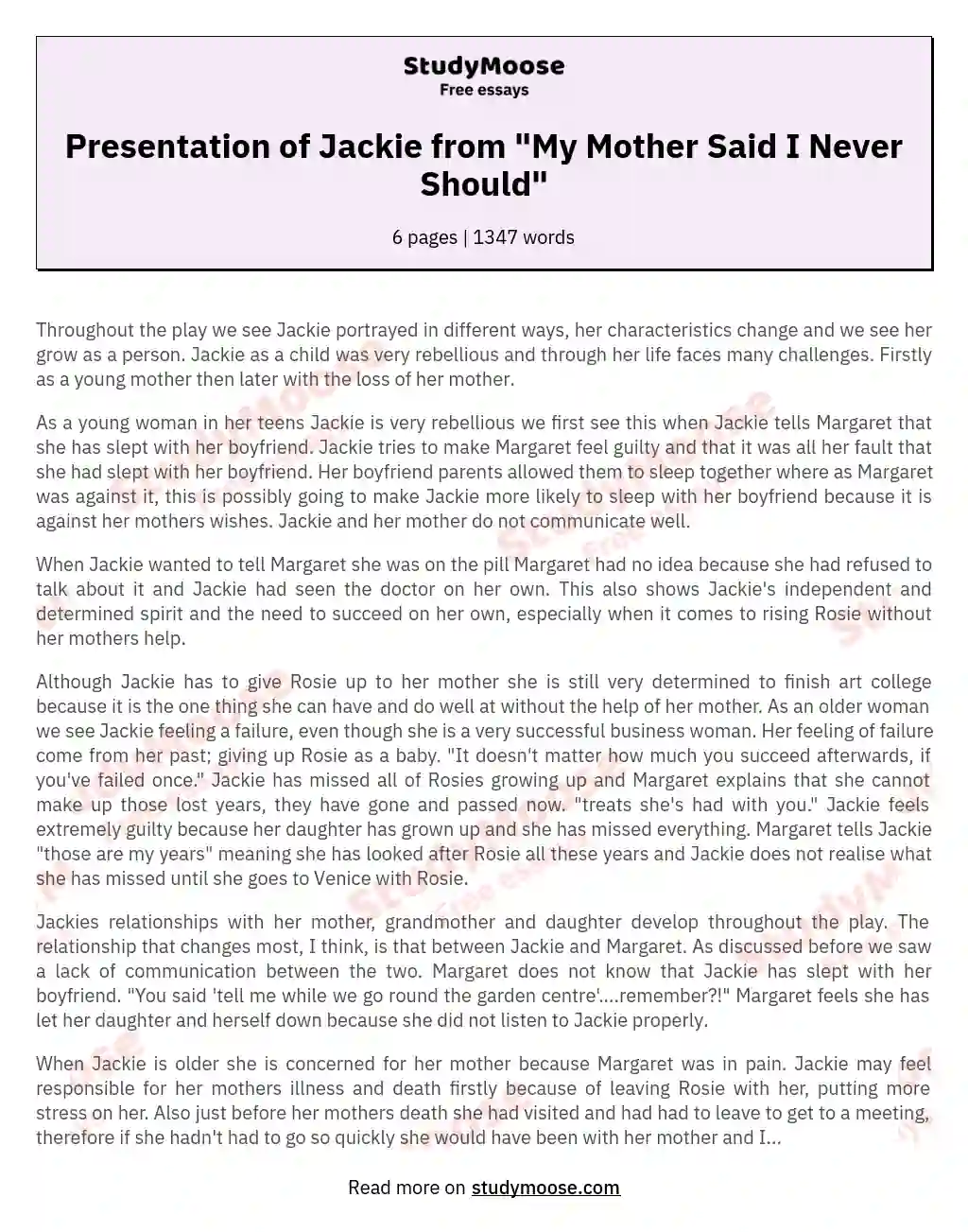 Presentation of Jackie from "My Mother Said I Never Should"