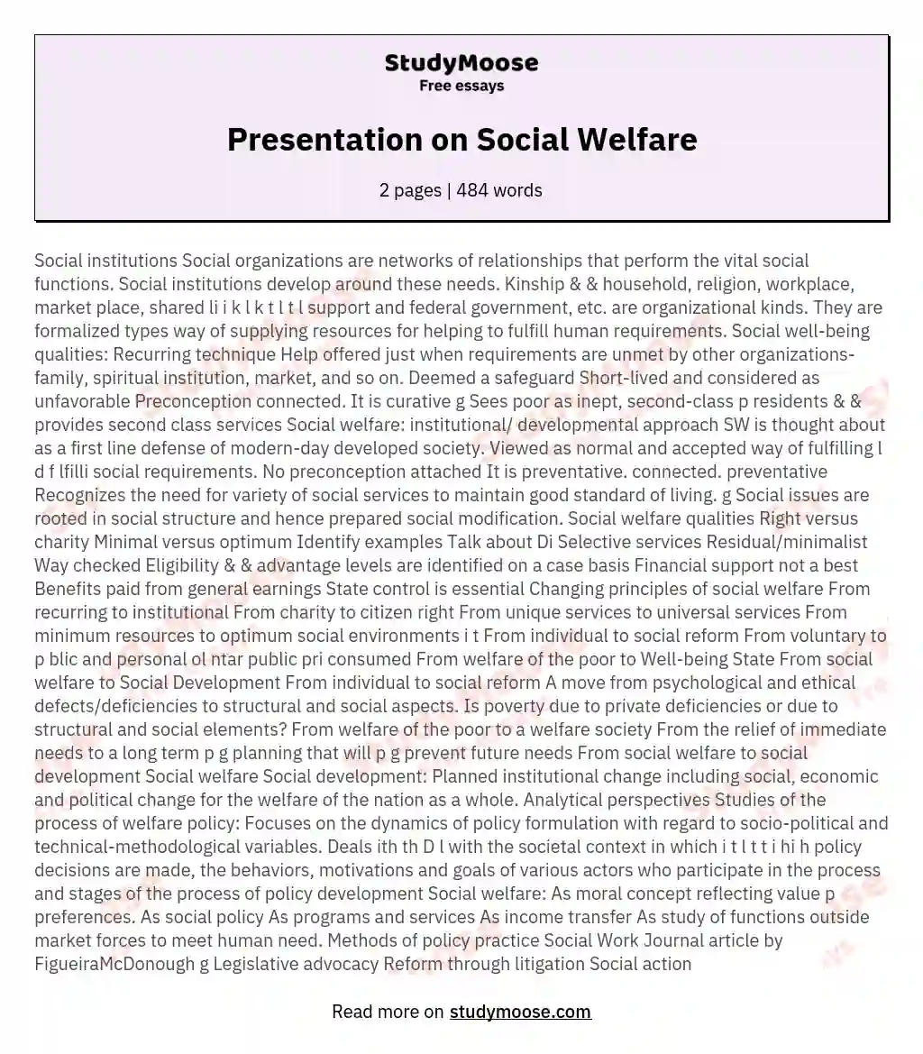 Presentation on Social Welfare essay
