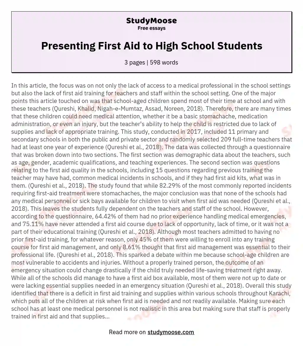 Presenting First Aid to High School Students essay