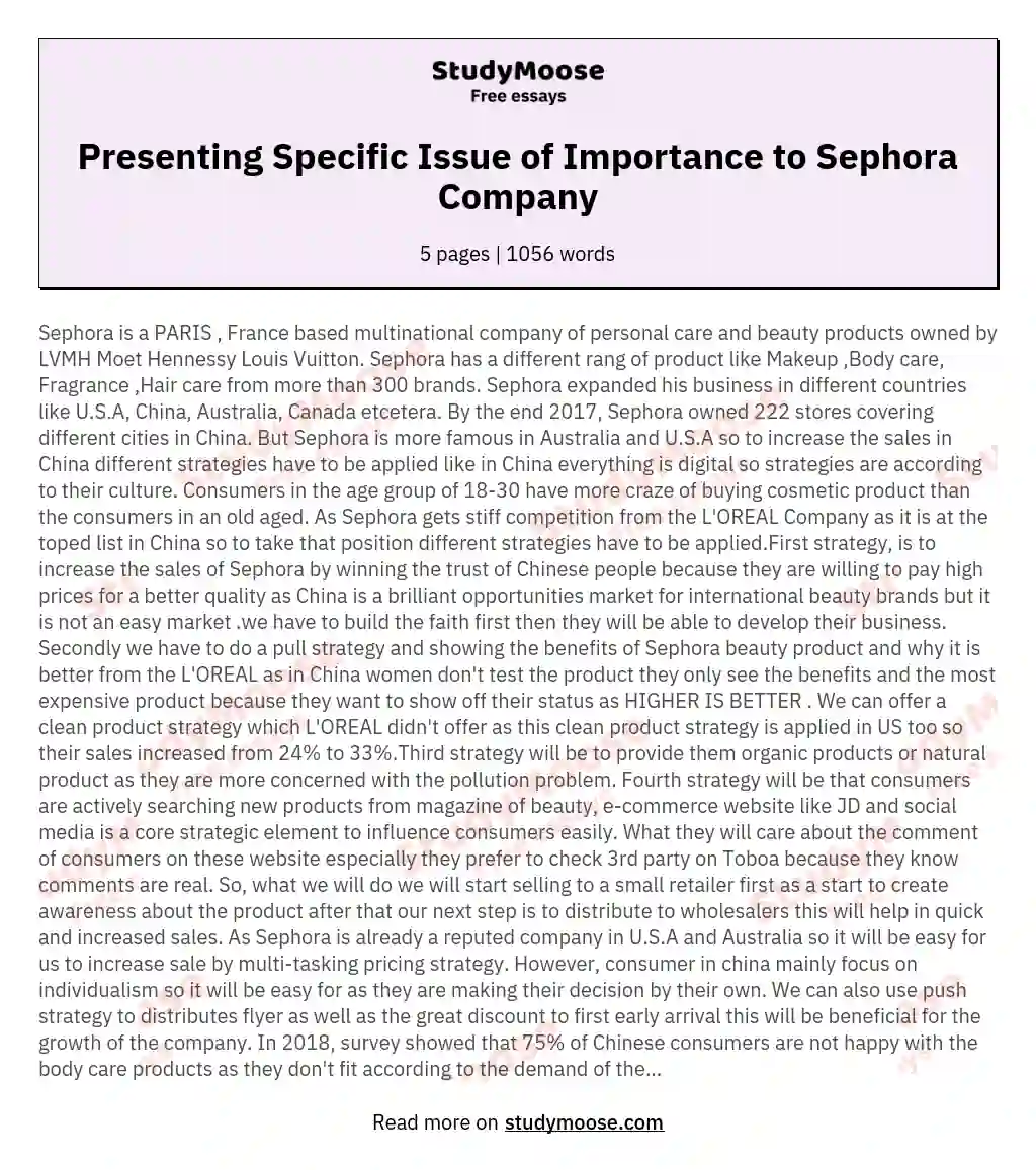 Presenting Specific Issue of Importance to Sephora Company