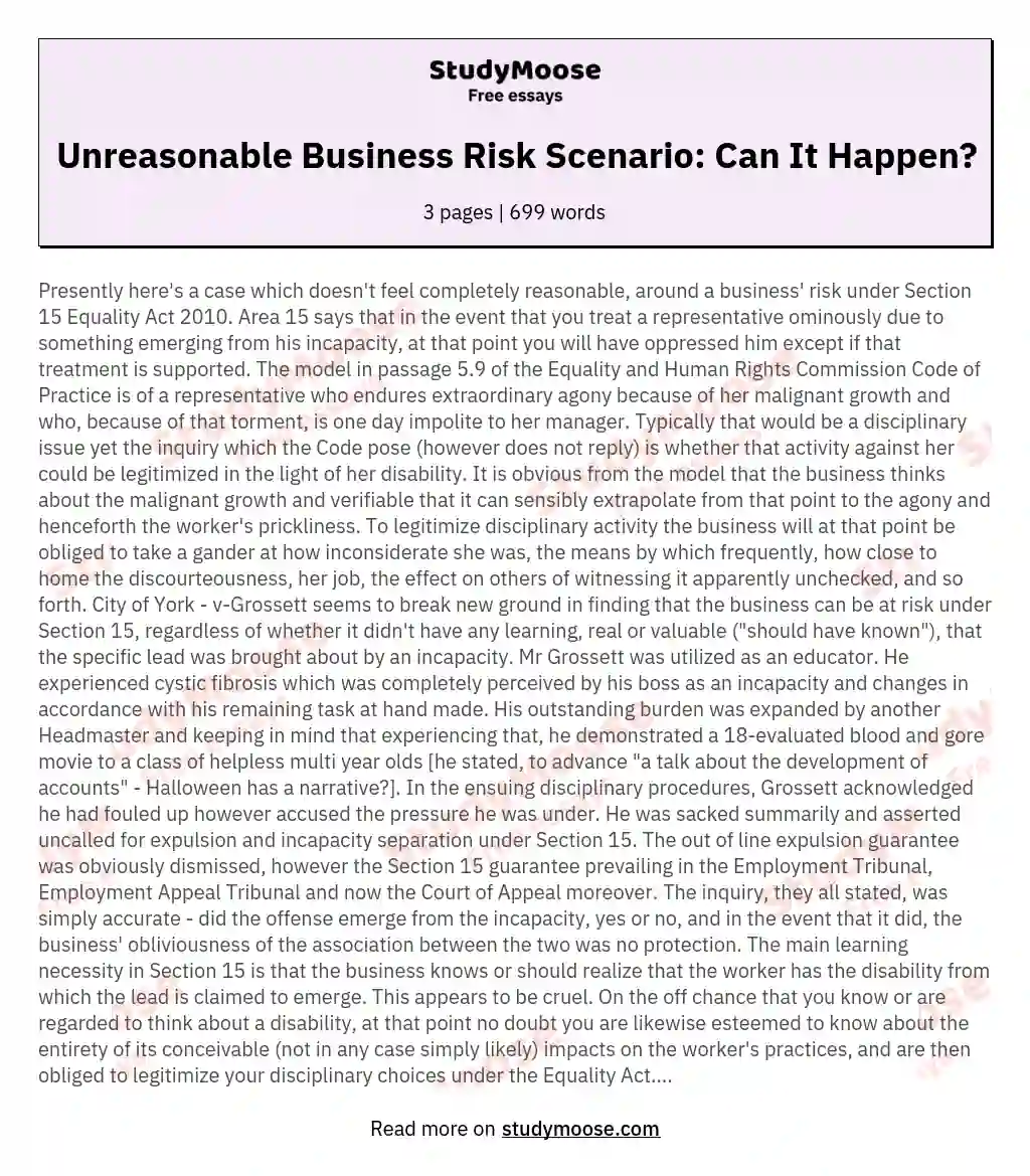 Unreasonable Business Risk Scenario: Can It Happen? essay