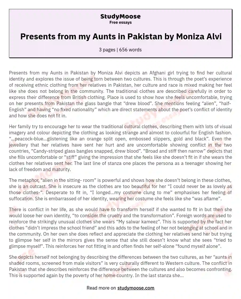 Presents from my Aunts in Pakistan by Moniza Alvi essay