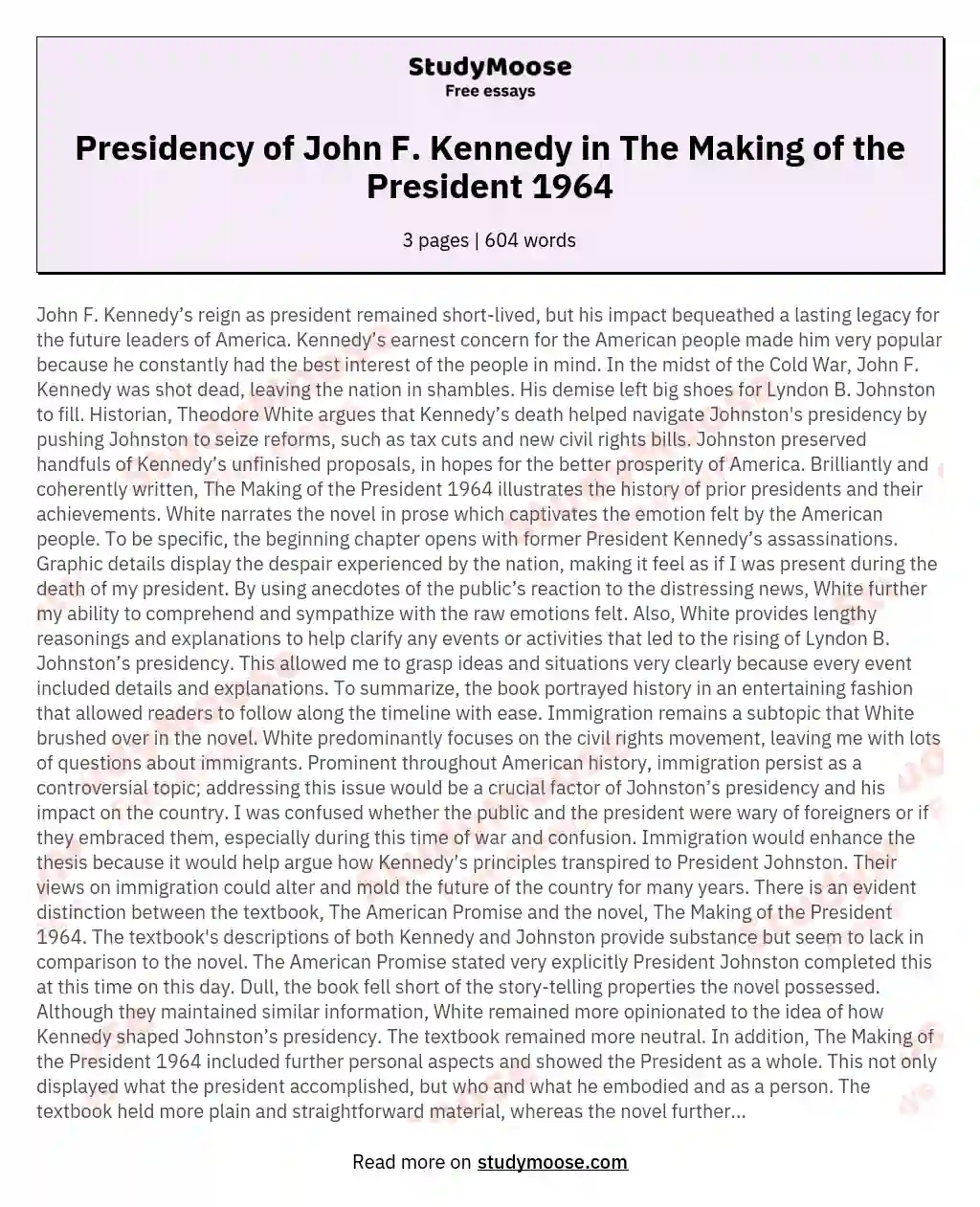 Presidency of John F. Kennedy in The Making of the President 1964 essay