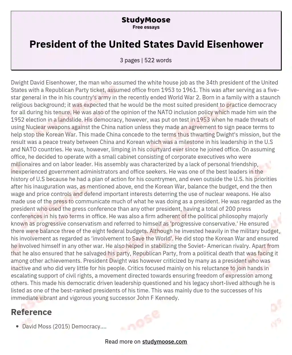President of the United States David Eisenhower essay