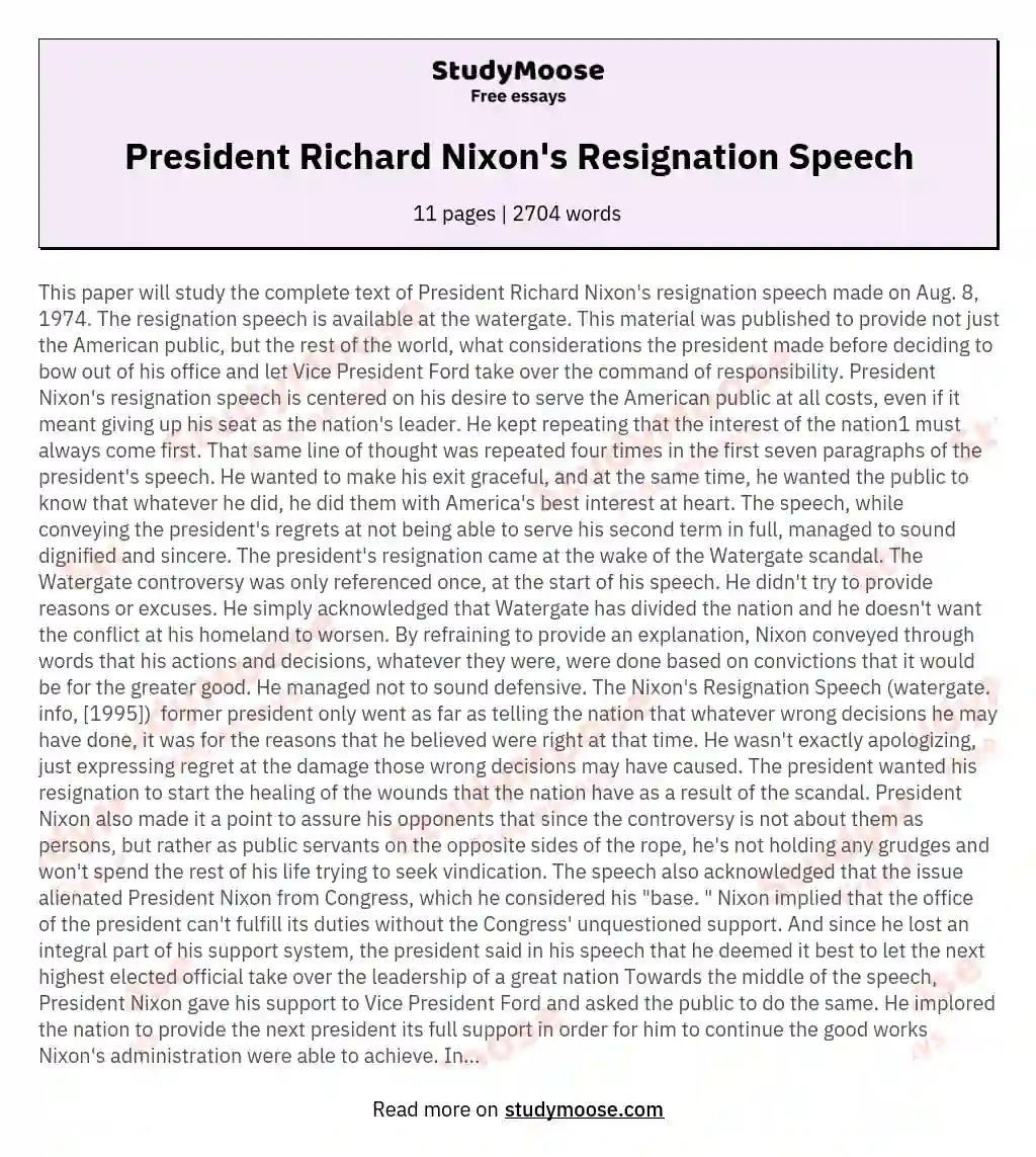 President Richard Nixon's Resignation Speech essay