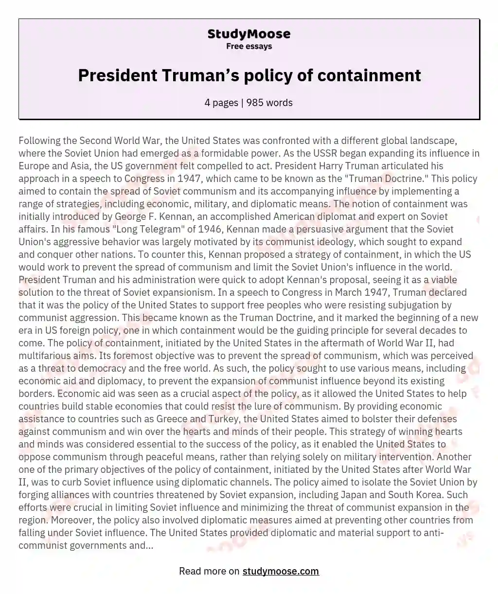 President Truman’s policy of containment essay