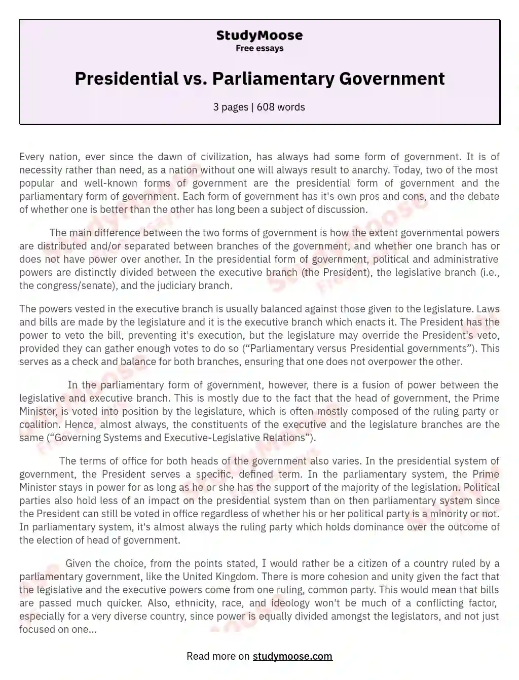 Presidential vs. Parliamentary Government essay