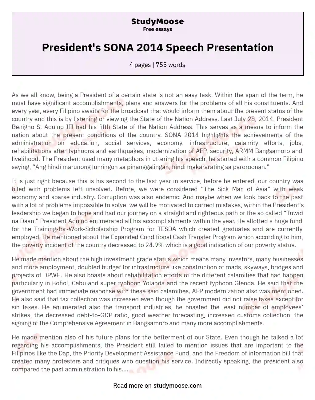 President's SONA 2014 Speech Presentation essay