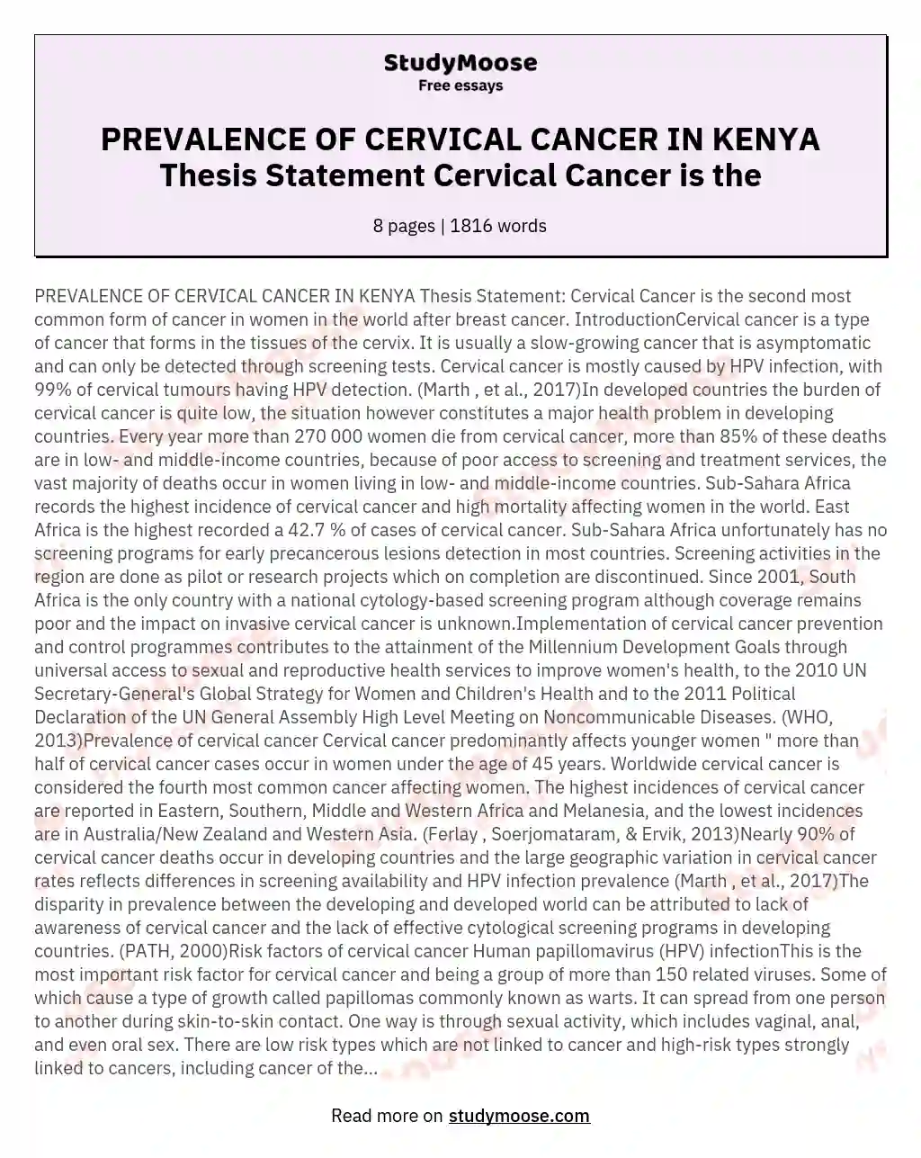 PREVALENCE OF CERVICAL CANCER IN KENYA Thesis Statement Cervical Cancer is the