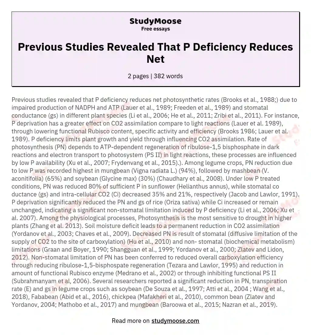 Previous Studies Revealed That P Deficiency Reduces Net essay