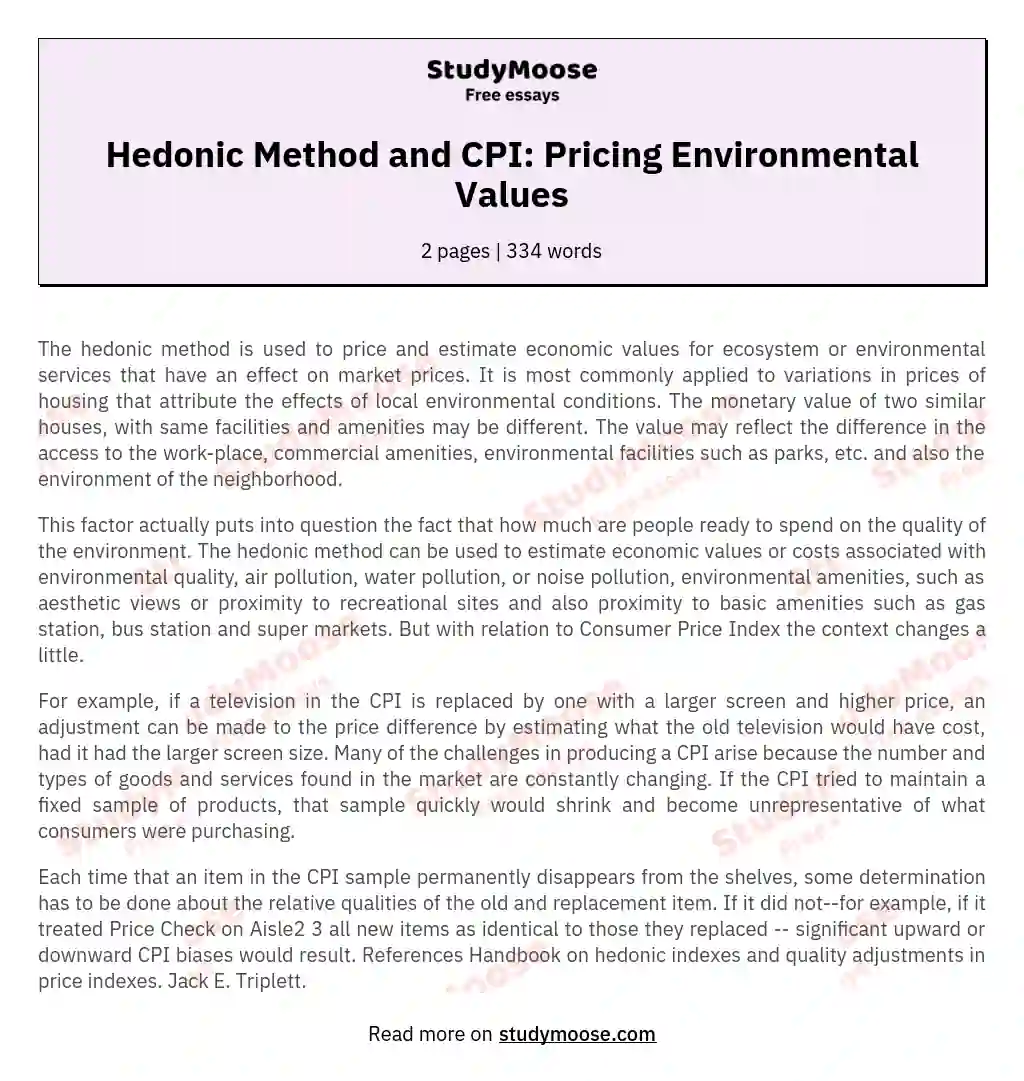 Hedonic Method and CPI: Pricing Environmental Values essay