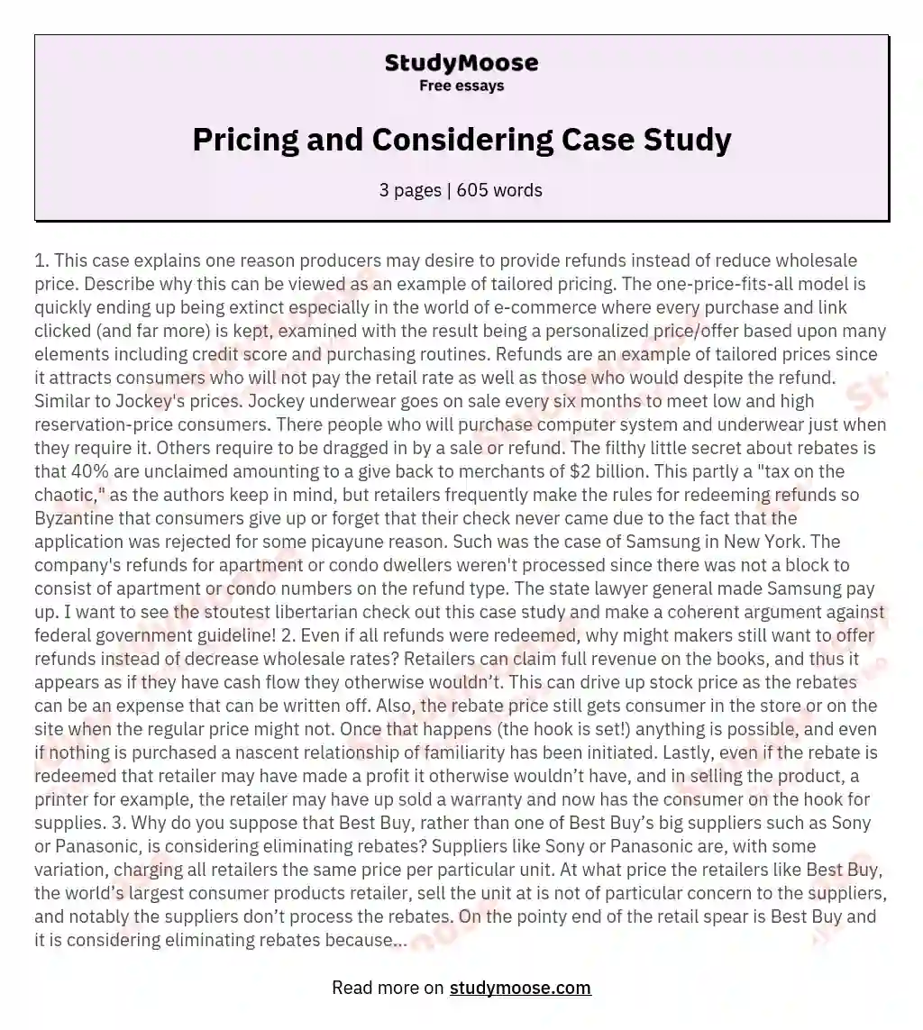 Pricing and Considering Case Study essay