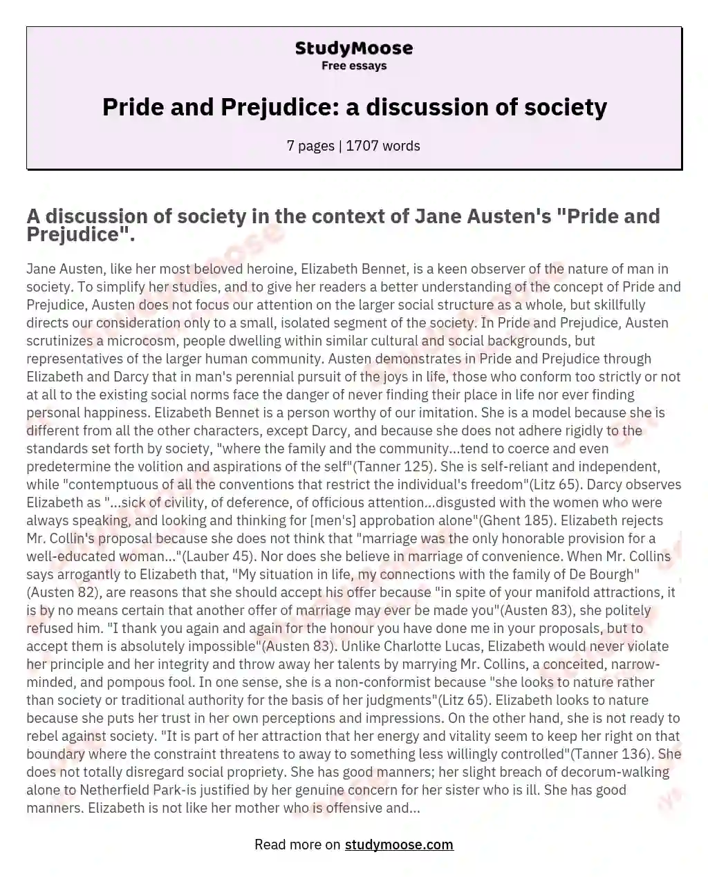 Pride and Prejudice: a discussion of society essay