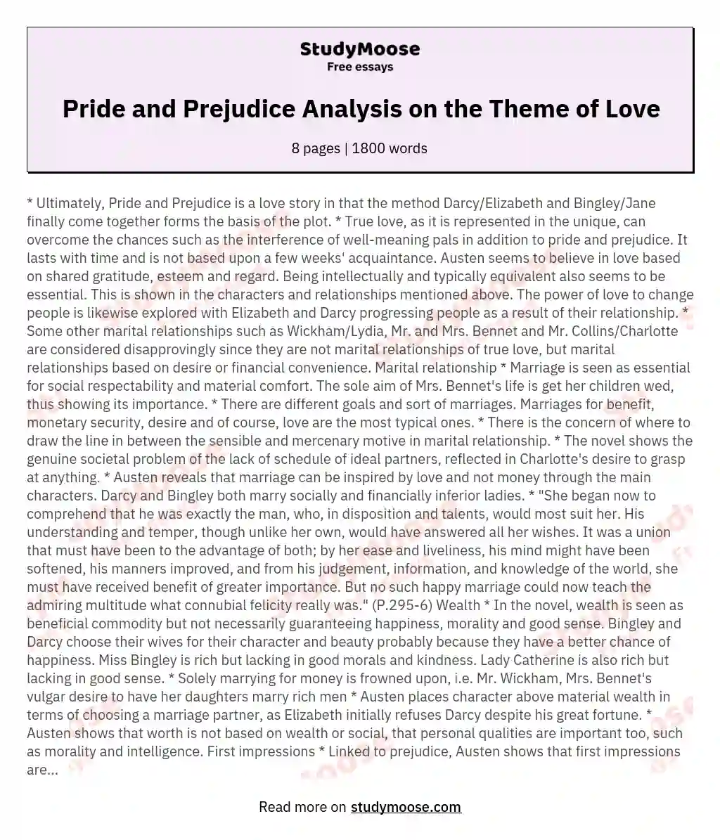 Pride and Prejudice Analysis on the Theme of Love essay