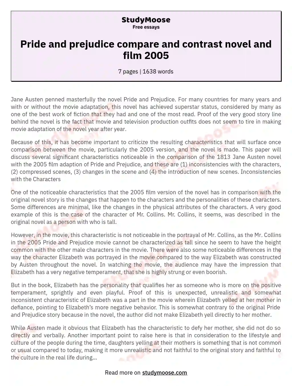 pride and prejudice 2005 essay