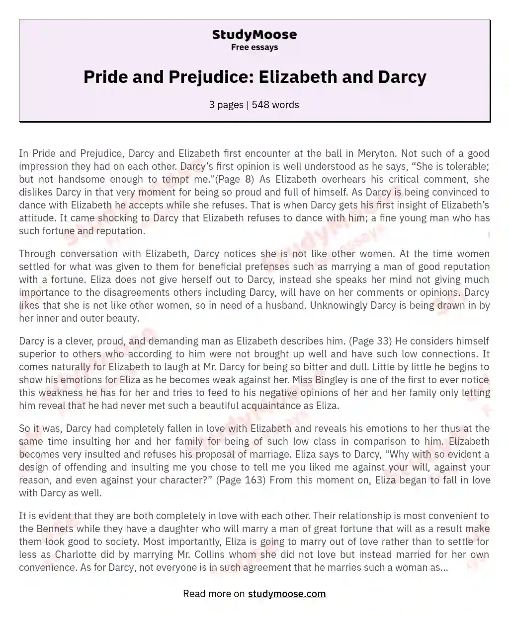 Pride and Prejudice: Elizabeth and Darcy essay
